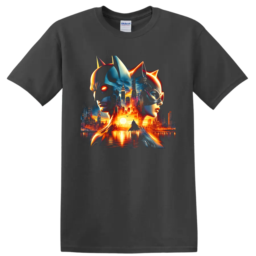 Batman and Catwoman neon city skyline dark art graphic print on a Charcoal T Shirt