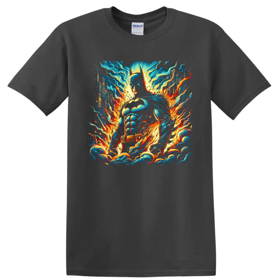 Batman comic art with neon cityscape, teal energy waves, and orange flames on a Charcoal T Shirt