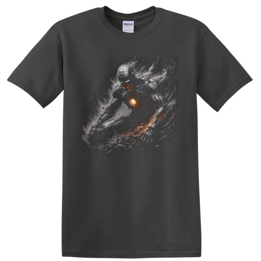 Iron Man armored battle art with glowing chest core, smoke, sparks, and debris on a Charcoal T Shirt