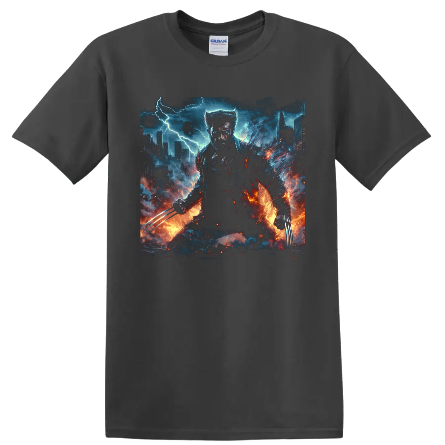 Wolverine storm city comic art with extended claws, lightning, and fire on a Charcoal T Shirt