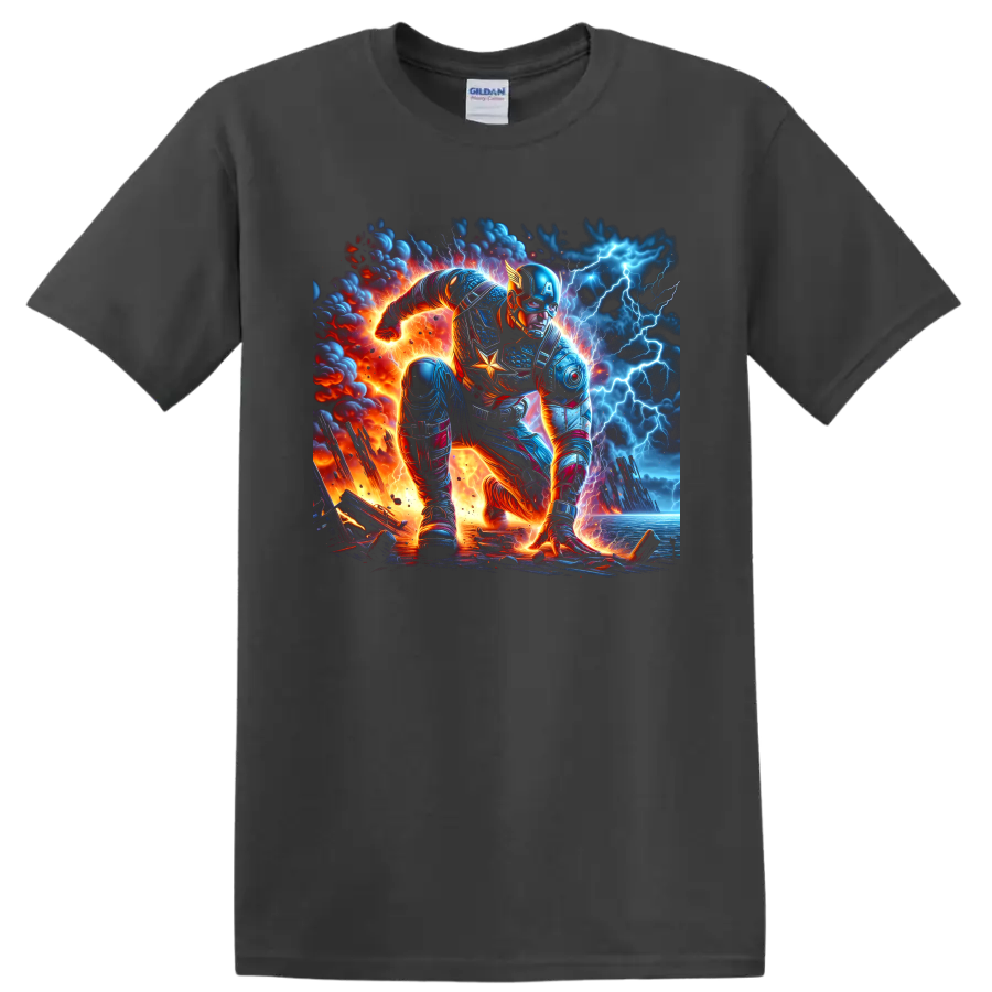 Captain America in a fiery lightning battle, detailed comic-inspired action art on a Charcoal T Shirt
