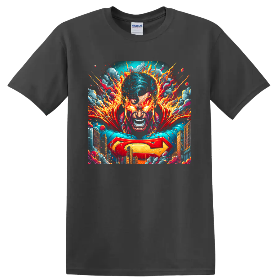 Superman fiery city hero portrait in explosive comic art on a Charcoal T Shirt