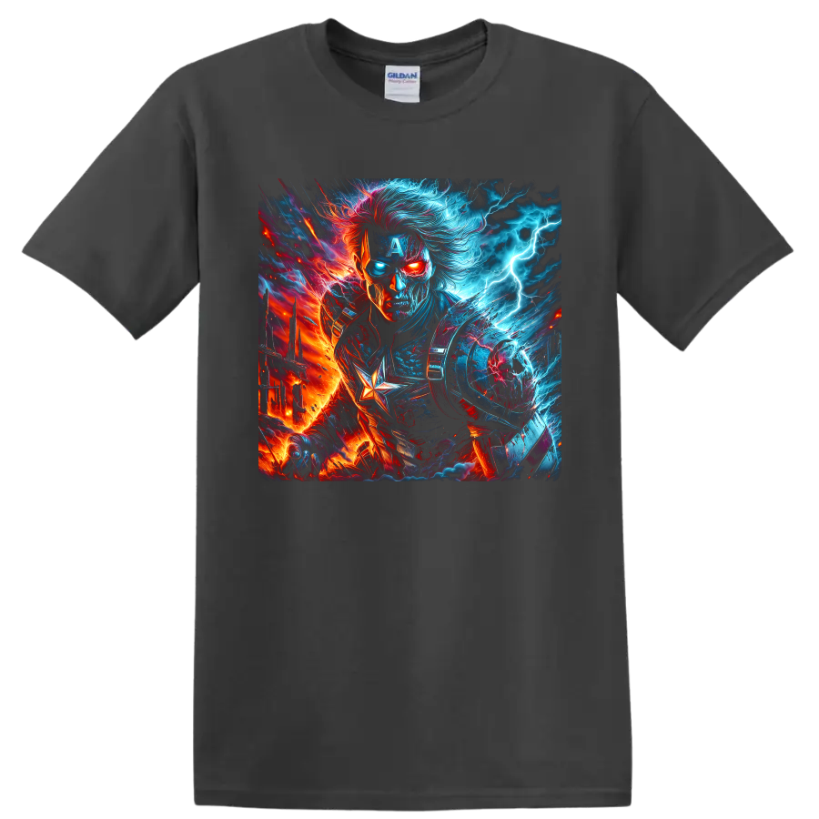 Captain America fire and ice fantasy portrait with lightning and star emblem graphic on a Charcoal T Shirt