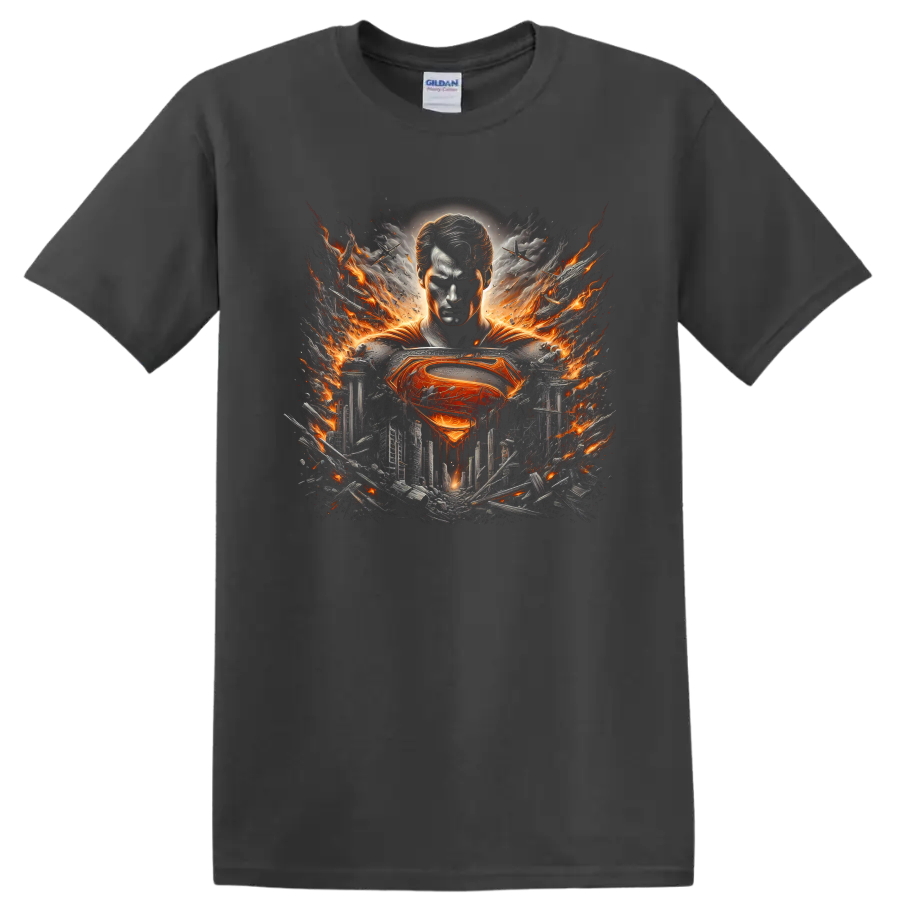 Superman with fiery emblem over a shattered city in cinematic comic book art on a Charcoal T Shirt