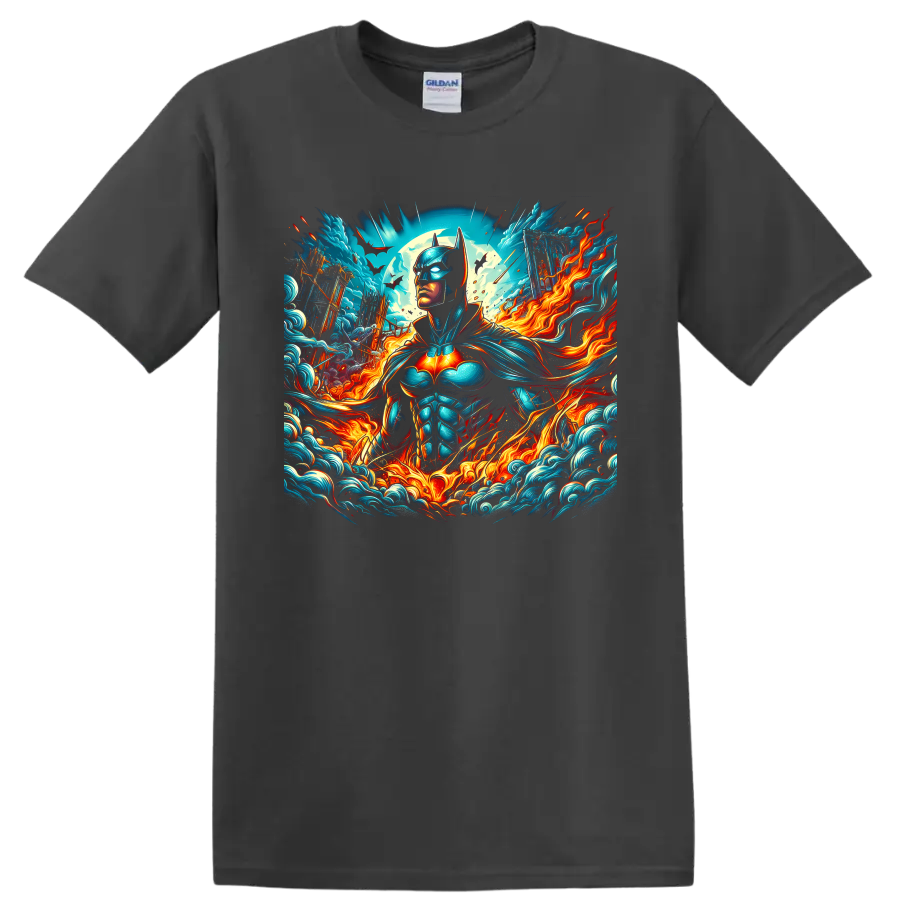 Batman fantasy-comic graphic with moon, bats, teal waves, and swirling fire on a Charcoal T Shirt