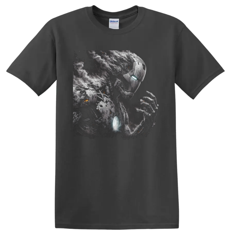 Iron Man battle-worn armor portrait with glowing reactor, smoke, and sparks on a Charcoal T Shirt