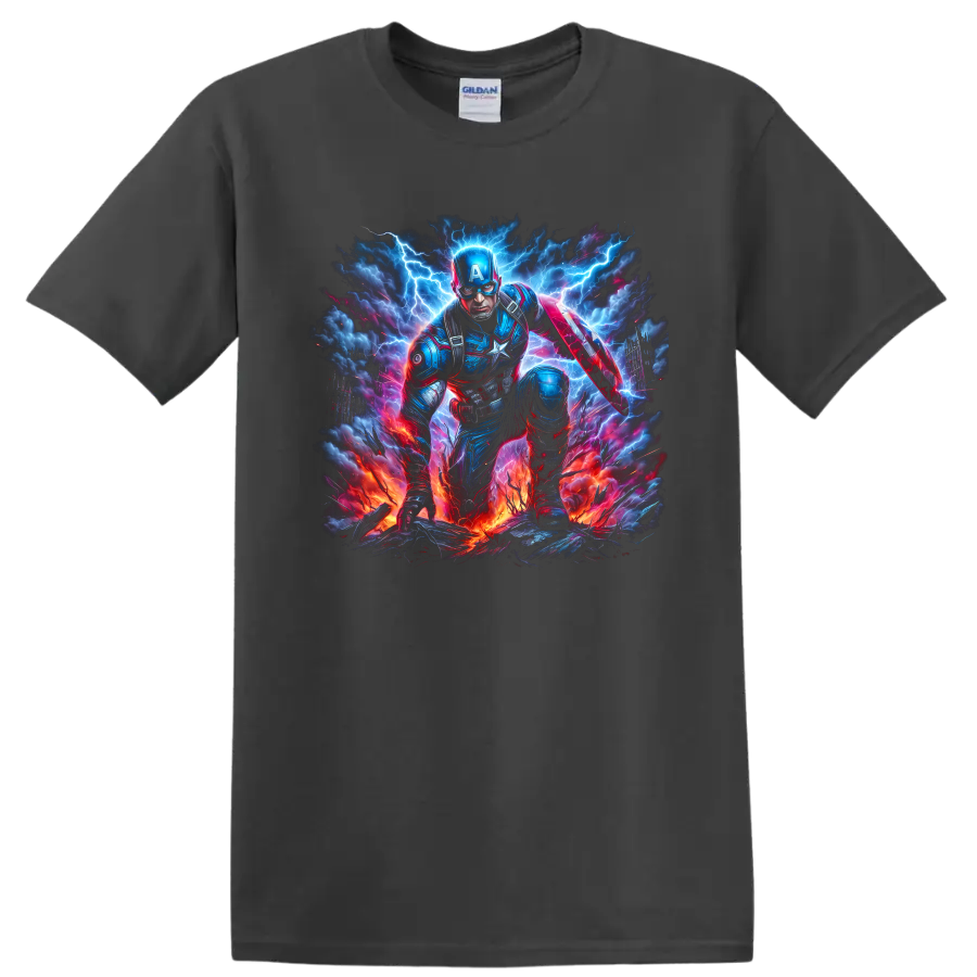 Captain America shield hero in electric lightning storm action graphic on a Charcoal T Shirt