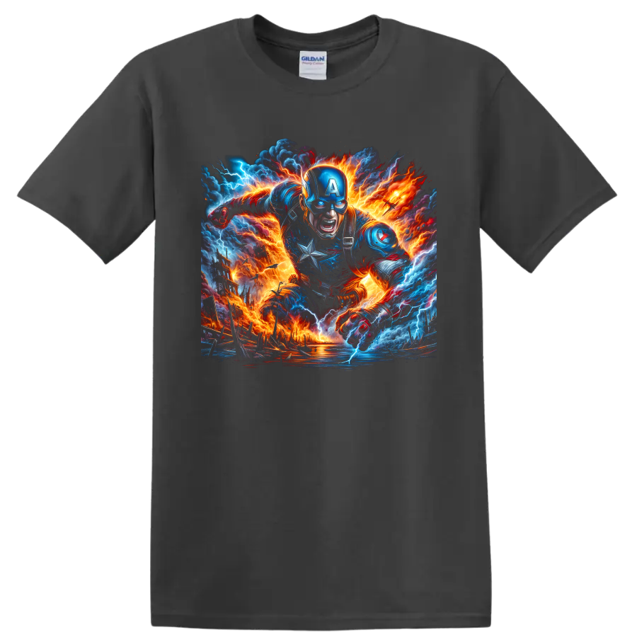 Captain America charging through lightning and fire in dynamic battle art on a Charcoal T Shirt