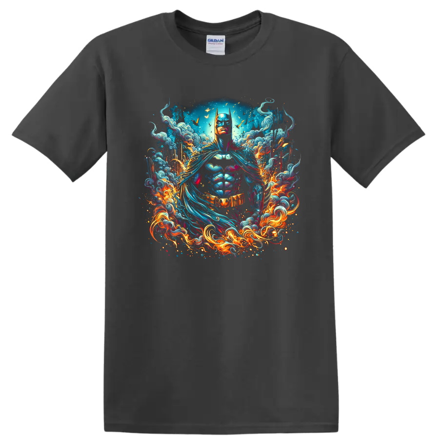 Batman in vibrant comic art with swirling waves, flames, and bat emblem on a Charcoal T Shirt