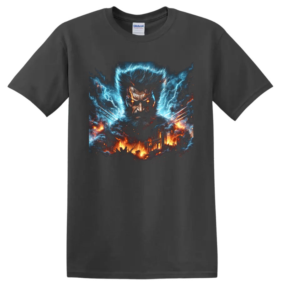 Wolverine portrait with metal claws, blue lightning, and fiery city comic art on a Charcoal T Shirt