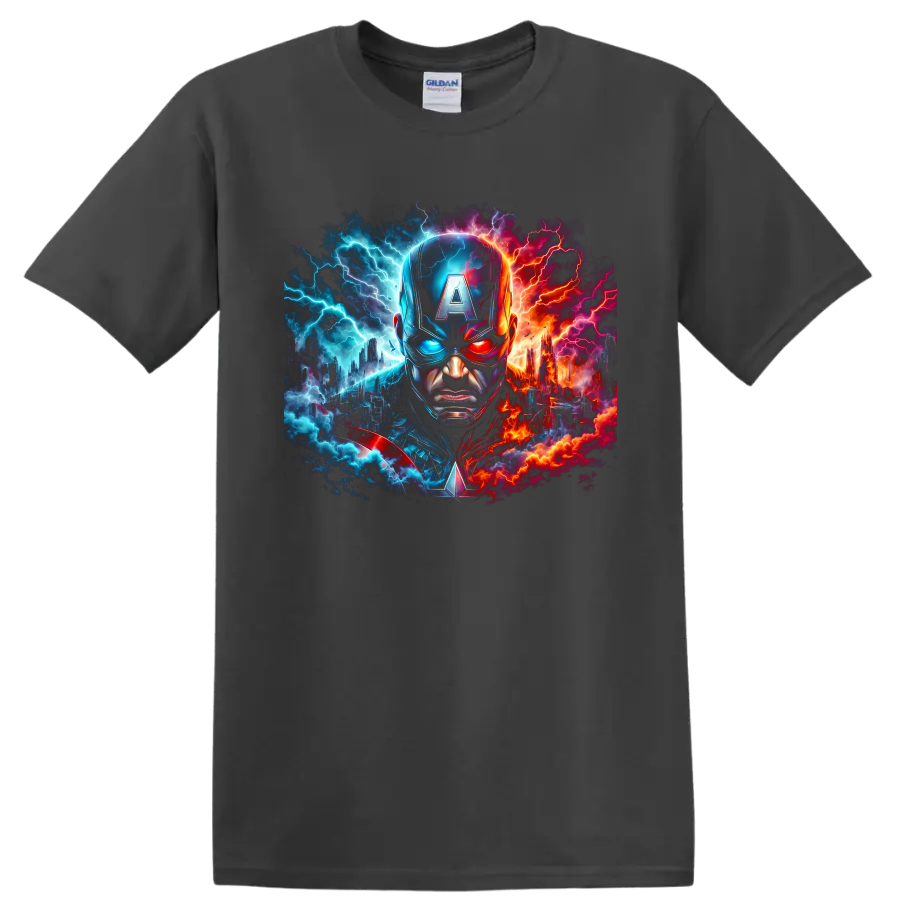 Captain America portrait with split blue and red lightning cityscape graphic on a Charcoal T Shirt