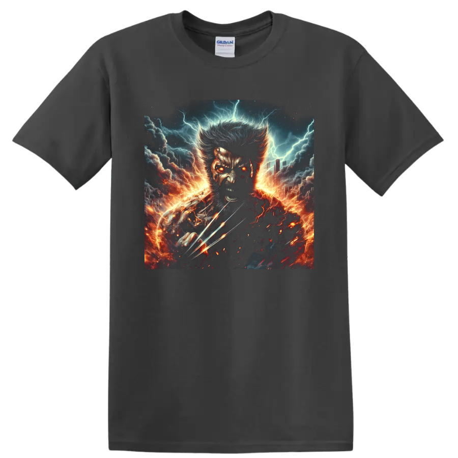 Wolverine revenge portrait with metal claws, lightning, fire, and storm artwork on a Charcoal T Shirt