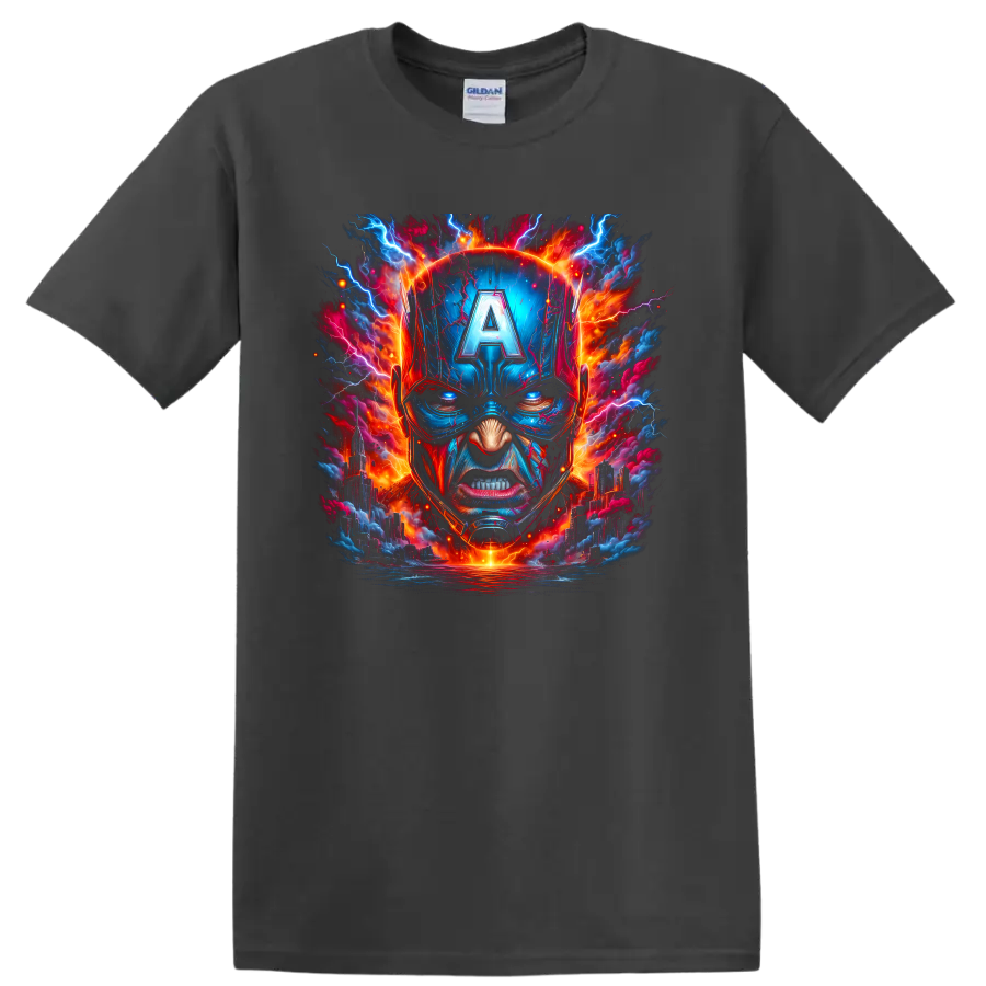 Captain America helmet portrait with electric lightning and fiery cityscape graphic art on a Charcoal T Shirt