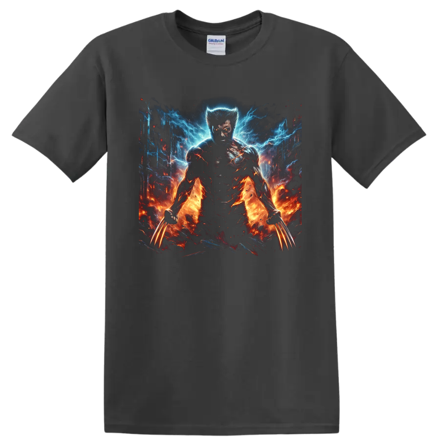 Wolverine comic-style hero with glowing claws, blue lightning, fire, and city backdrop on a Charcoal T Shirt