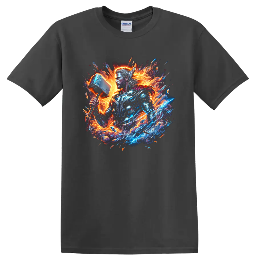 Thor armored hammer warrior in electric lightning and fiery fantasy graphic art on a Charcoal T Shirt