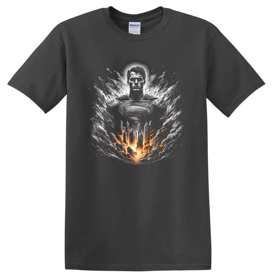 Superman with metallic emblem, fiery city, and swirling storm graphic art on a Charcoal T Shirt