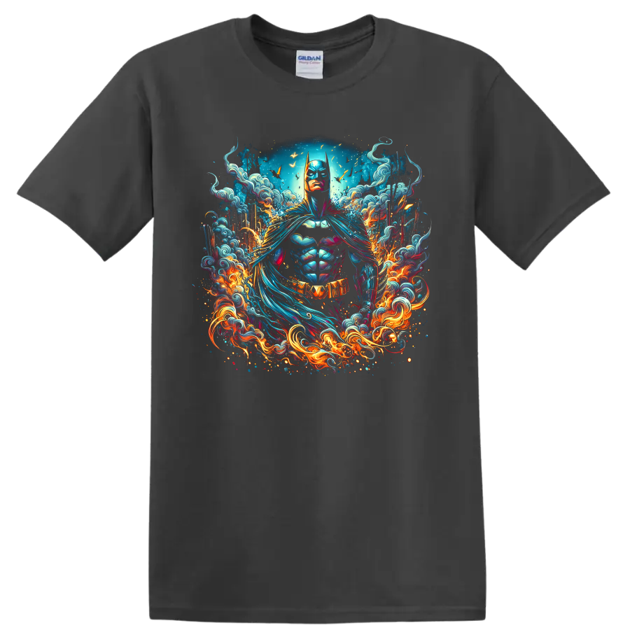 Batman neon comic art portrait with swirling blue waves, bats, and fiery flames on a Charcoal T Shirt