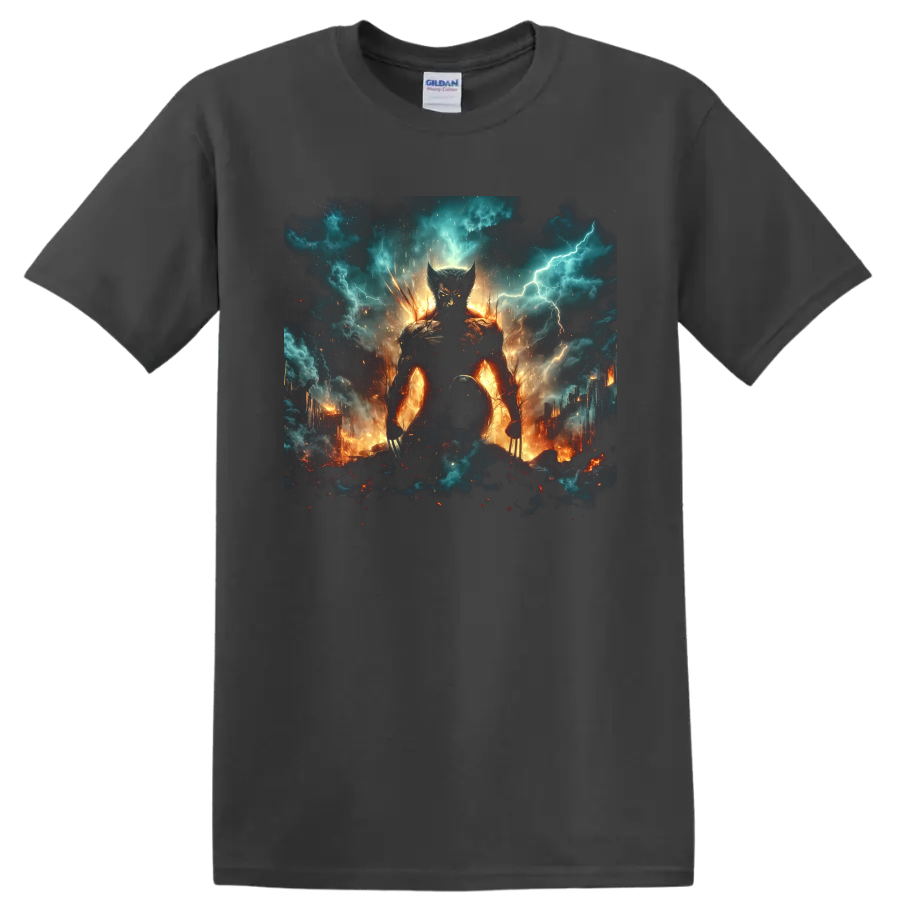 Wolverine clawed superhero in fiery storm battle graphic on a Charcoal T Shirt