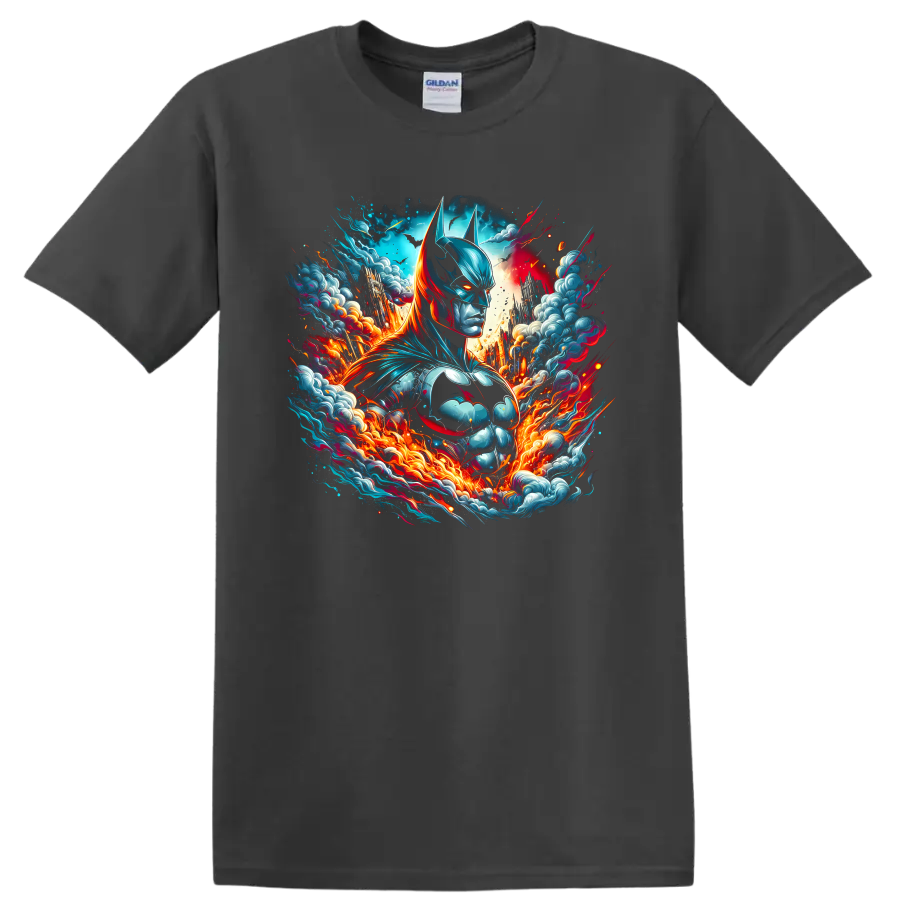 Batman comic art portrait with teal armor, fiery energy, clouds, and sparks on a Charcoal T Shirt