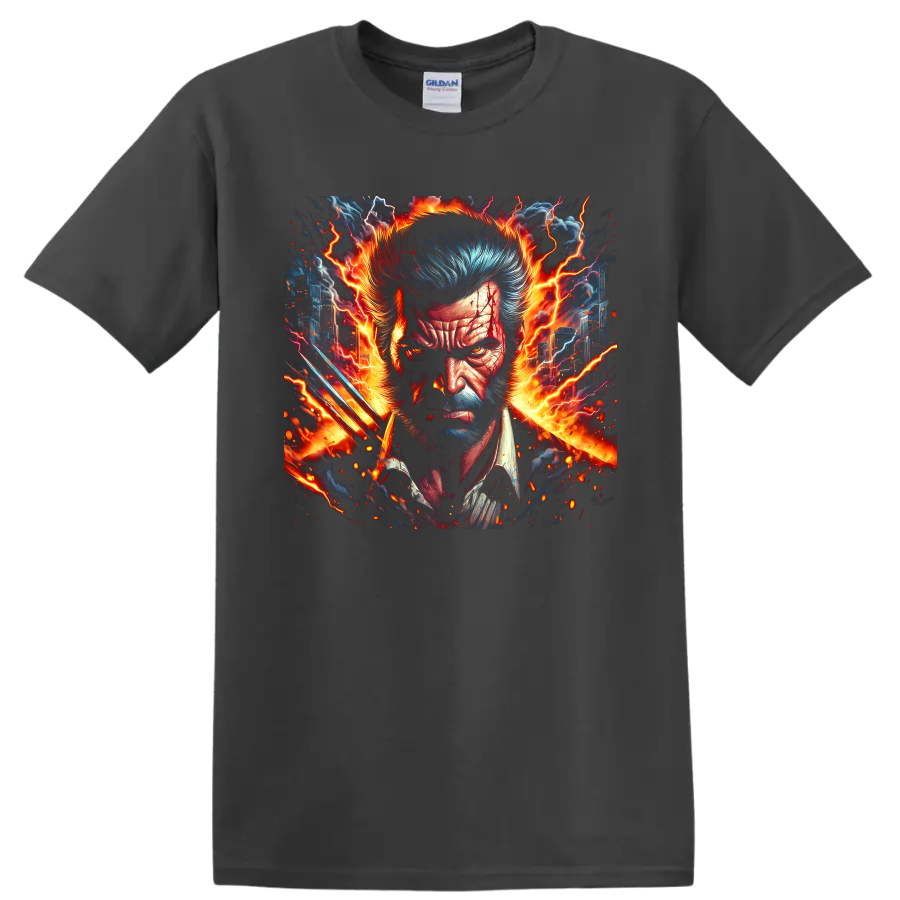 Wolverine portrait with claws, fiery lightning, and city comic art on a Charcoal T Shirt