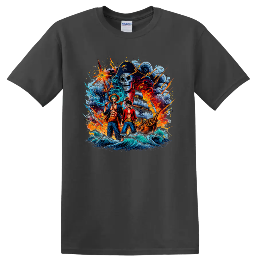 One Piece Luffy, Zoro, and Brook pirate ship adventure graphic print on a Charcoal T Shirt