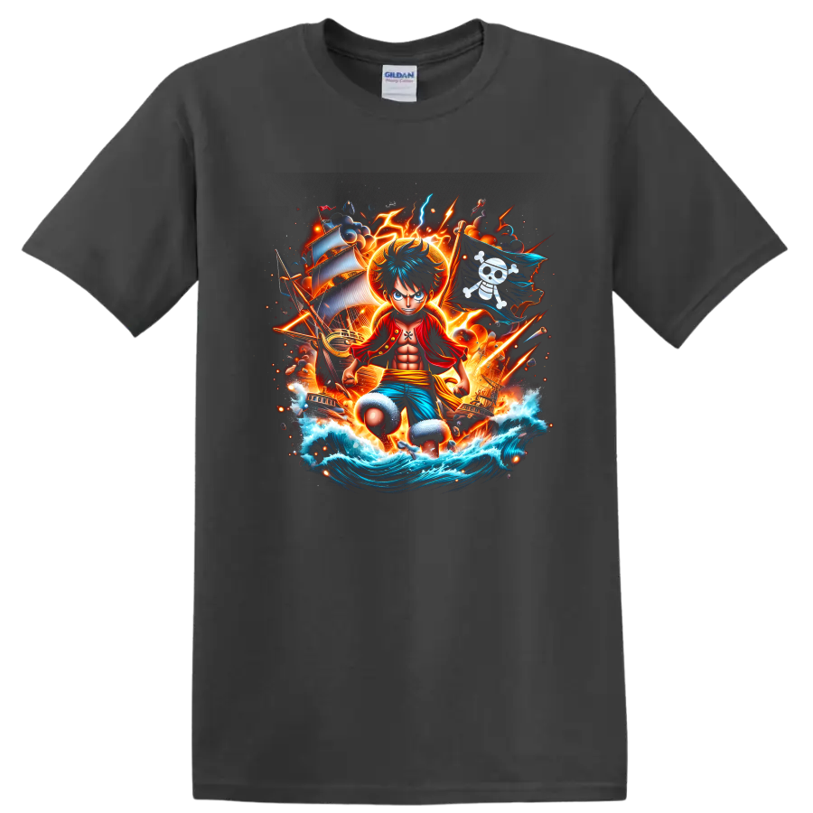 Monkey D. Luffy pirate adventure graphic with ships, lightning, waves, and pirate flag on a Charcoal T Shirt