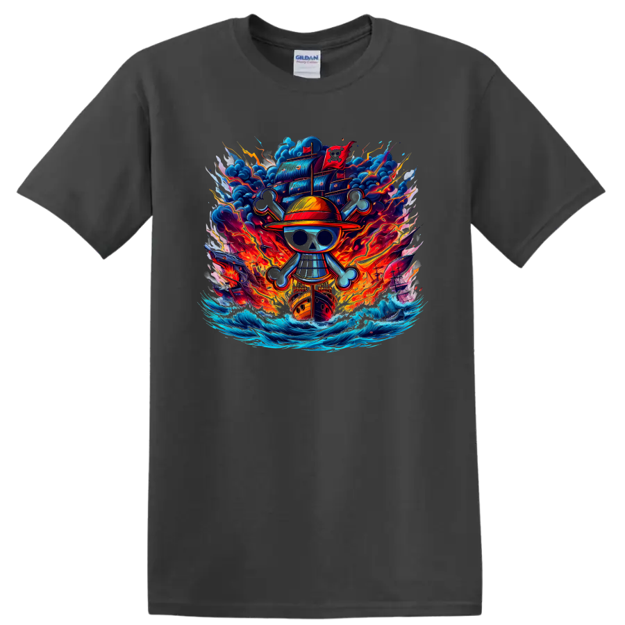 One Piece Straw Hat Pirates skull emblem with fiery ship, storm clouds, and ocean waves on a Charcoal T Shirt