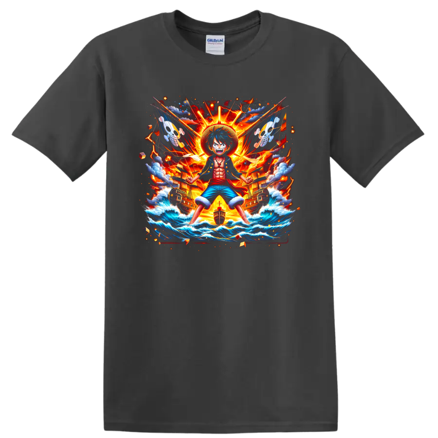 Monkey D. Luffy anime action art with pirate ships, ocean waves, lightning, and sunburst on a Charcoal T Shirt