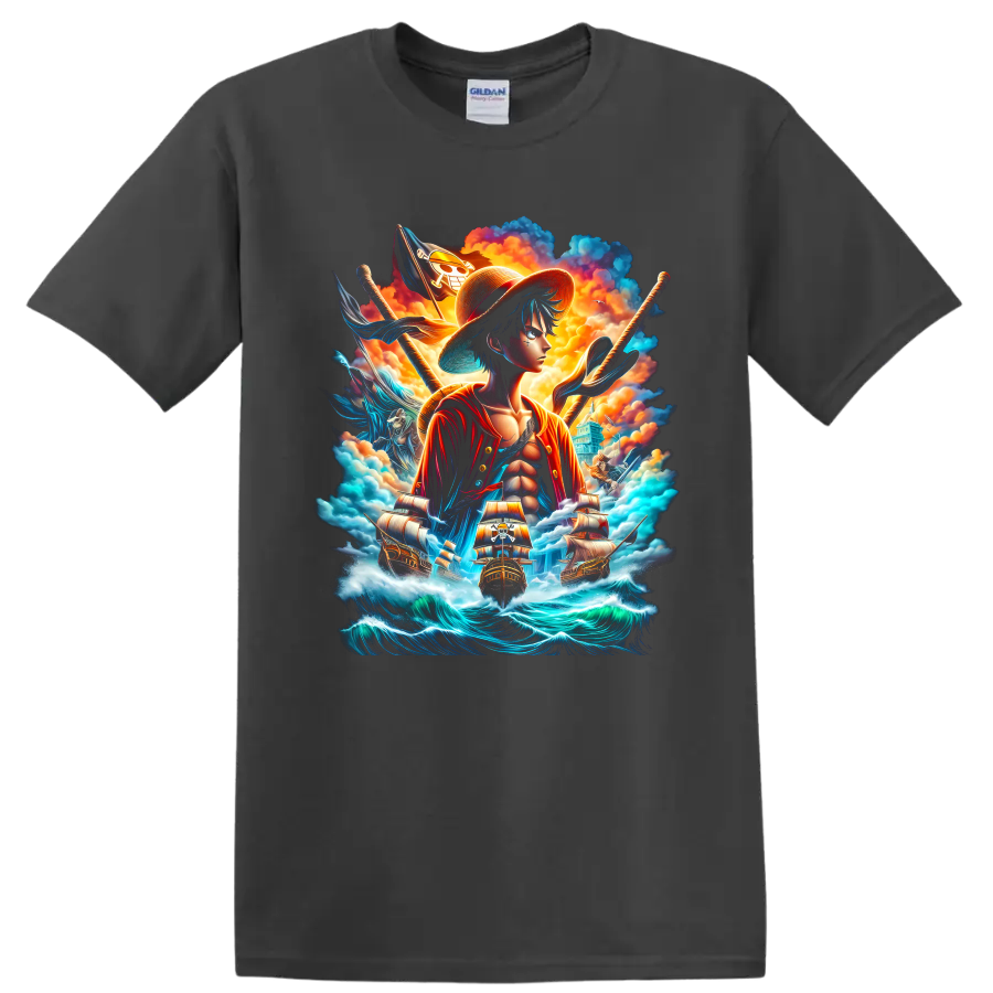 Monkey D. Luffy anime pirate artwork with ships, skull flag, clouds, and ocean waves on a Charcoal T Shirt