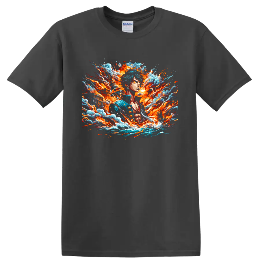 Monkey D. Luffy Gear 5 anime art with fiery energy, clouds, and crashing waves on a Charcoal T Shirt