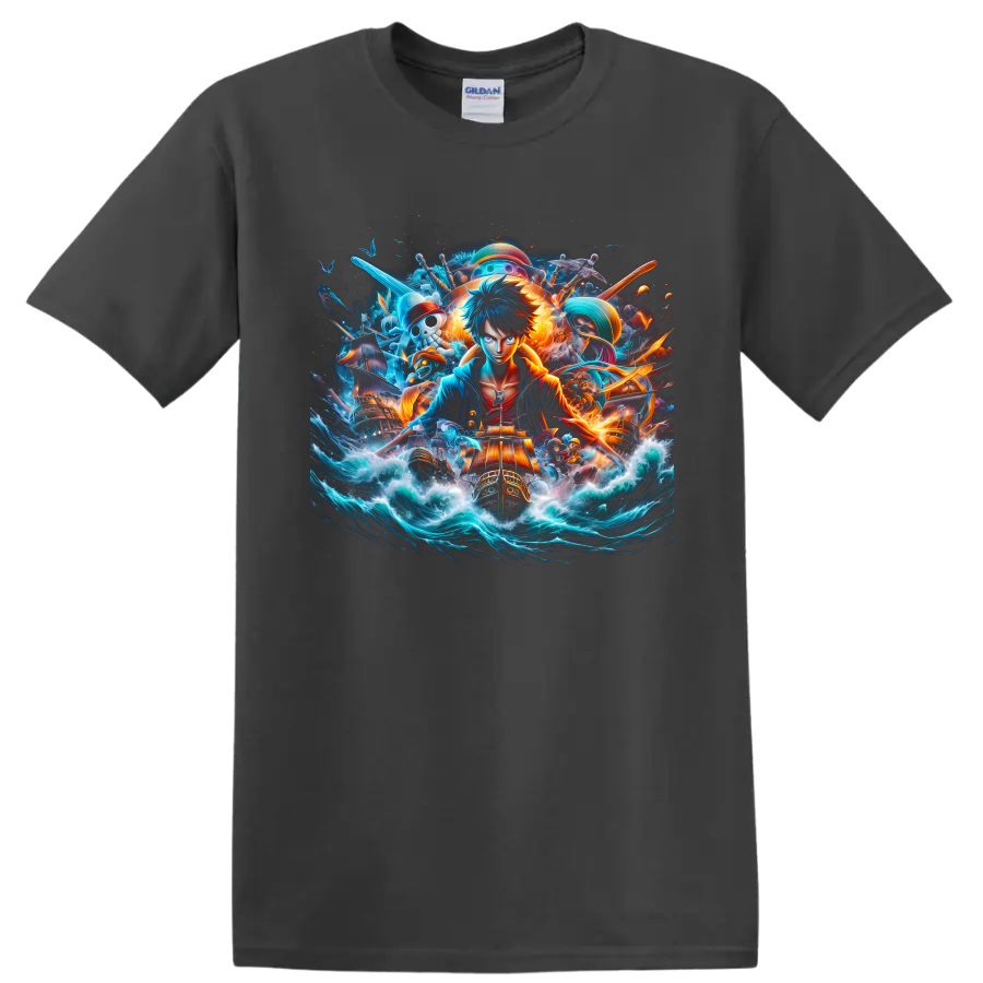 Monkey D. Luffy anime pirate adventure graphic with ships, waves, and glowing effects on a Charcoal T Shirt