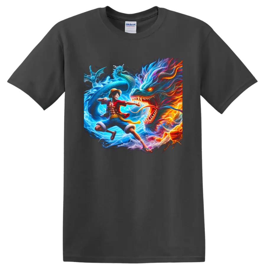 Monkey D. Luffy versus Kaido dragon battle in vivid One Piece anime art on a Charcoal T Shirt