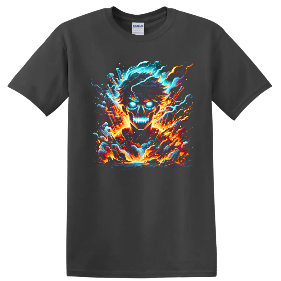Satoru Gojo flaming skull with neon energy, crossed swords, smoke, and anime fire on a Charcoal T Shirt