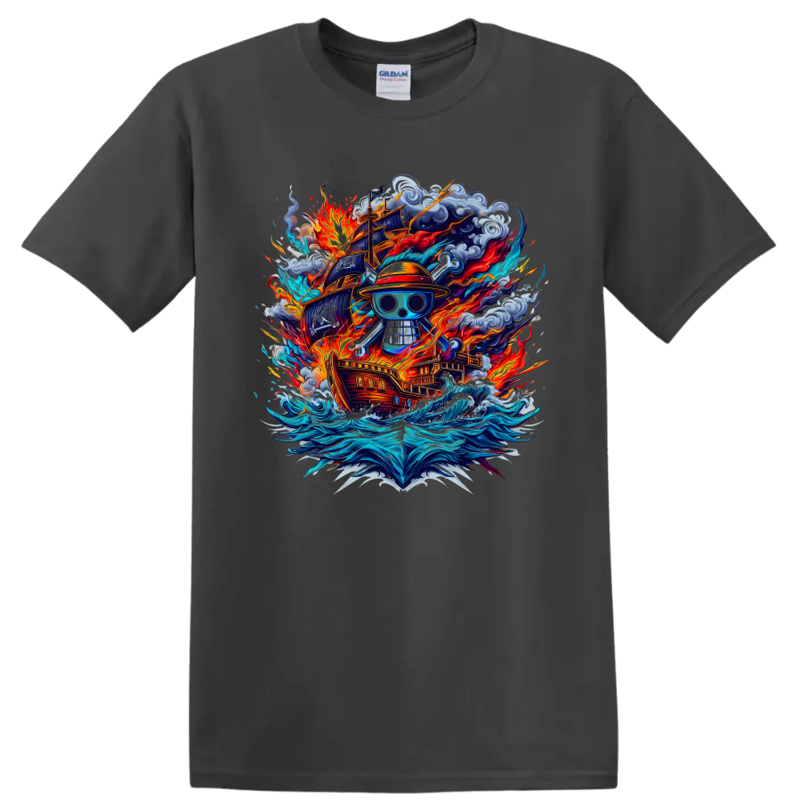 One Piece Straw Hat Pirates skull with fiery ship, storm clouds, and ocean waves on a Charcoal T Shirt