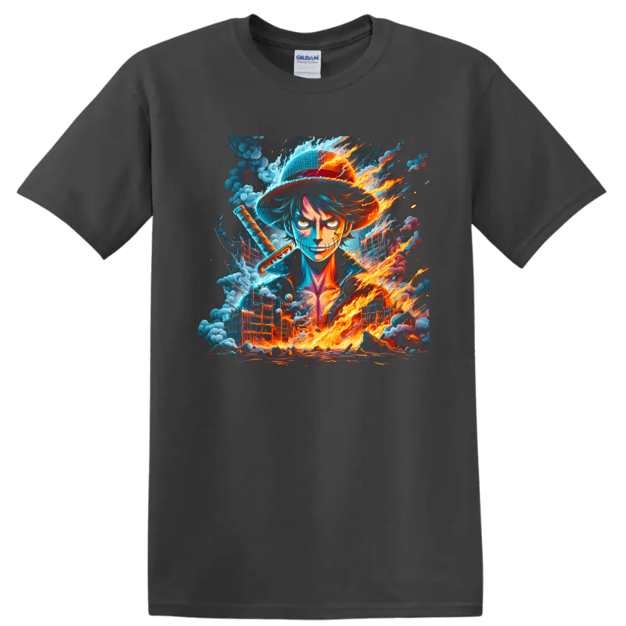 Monkey D. Luffy in a fiery blue anime warrior graphic with straw hat and sword on a Charcoal T Shirt
