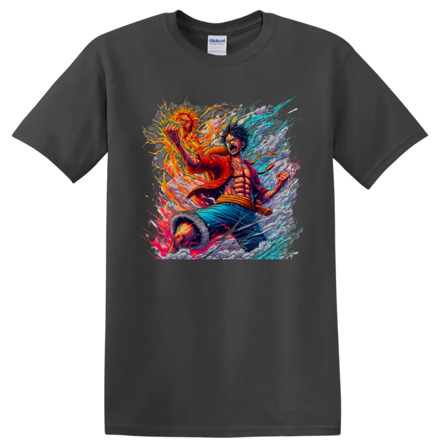Monkey D. Luffy fiery One Piece anime action graphic with blue energy streaks on a Charcoal T Shirt