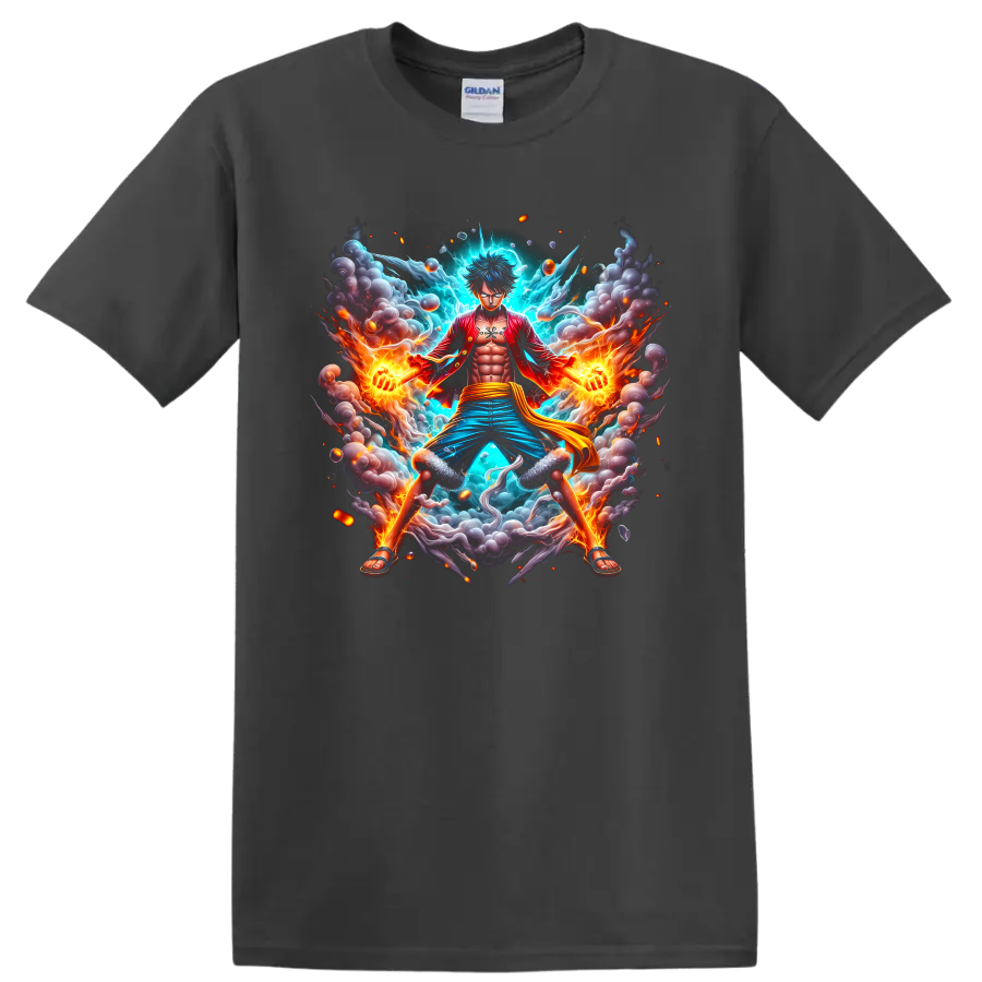 Monkey D. Luffy Gear 5 anime action graphic with fire, lightning, smoke, and sparks on a Charcoal T Shirt
