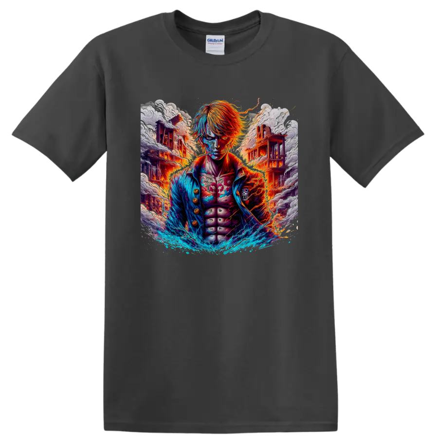 Sanji One Piece anime battle graphic with fire, blue water waves, and ruined buildings on a Charcoal T Shirt