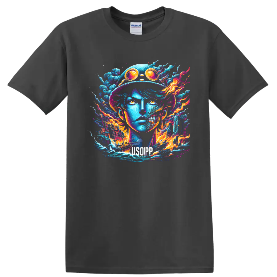 Usopp neon pirate portrait with goggles, skull effect, waves, ship, and flames on a Charcoal T Shirt