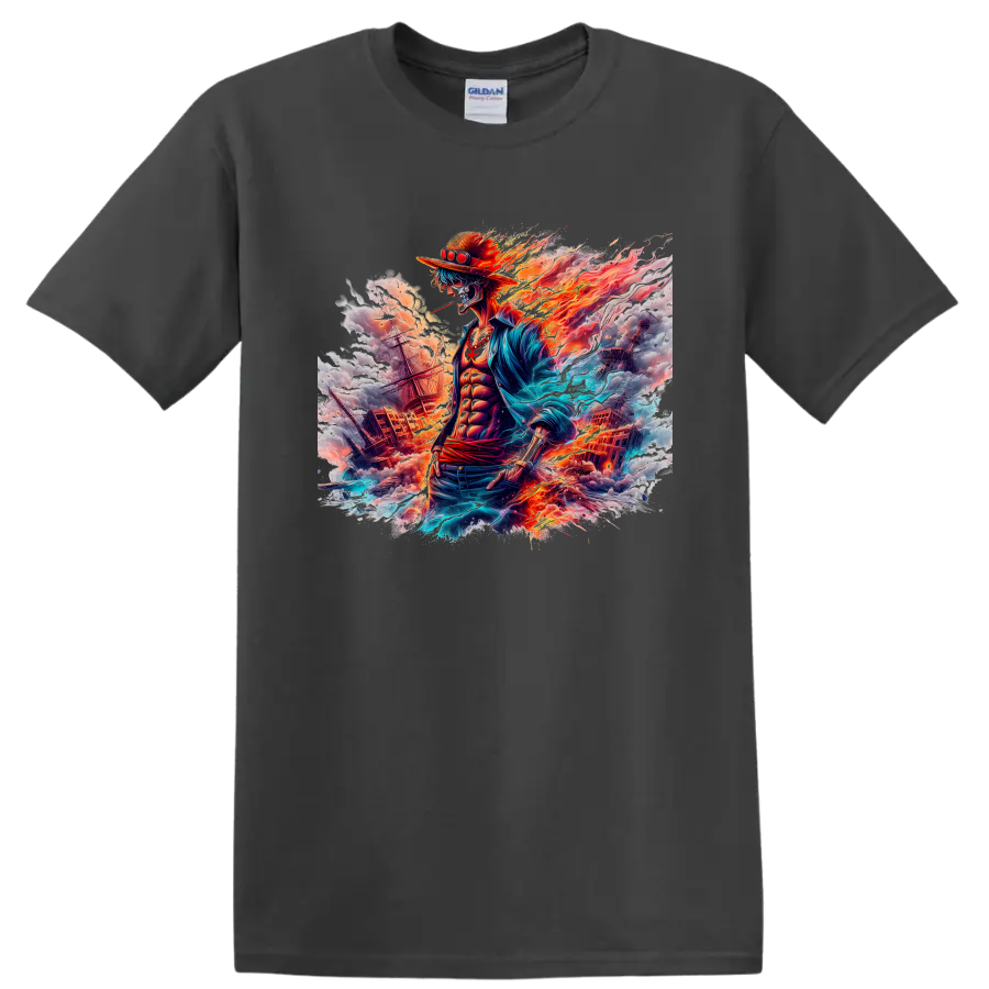 Portgas D. Ace fire pirate battle graphic with ships, flames, and ocean energy on a Charcoal T Shirt