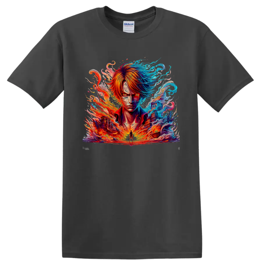 Shanks anime portrait with fire, waves, and vivid blue and orange energy on a Charcoal T Shirt