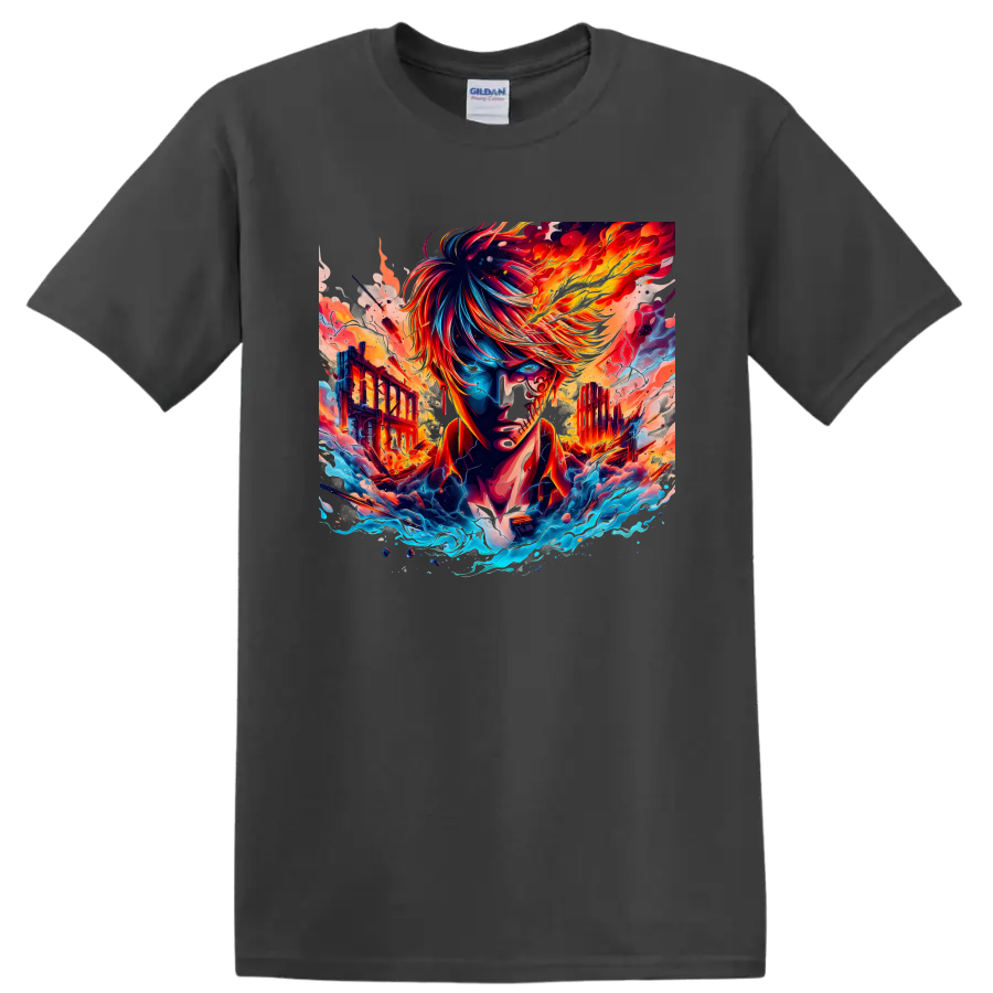 Sanji One Piece fiery anime warrior with flames, waves, and ruined city art on a Charcoal T Shirt