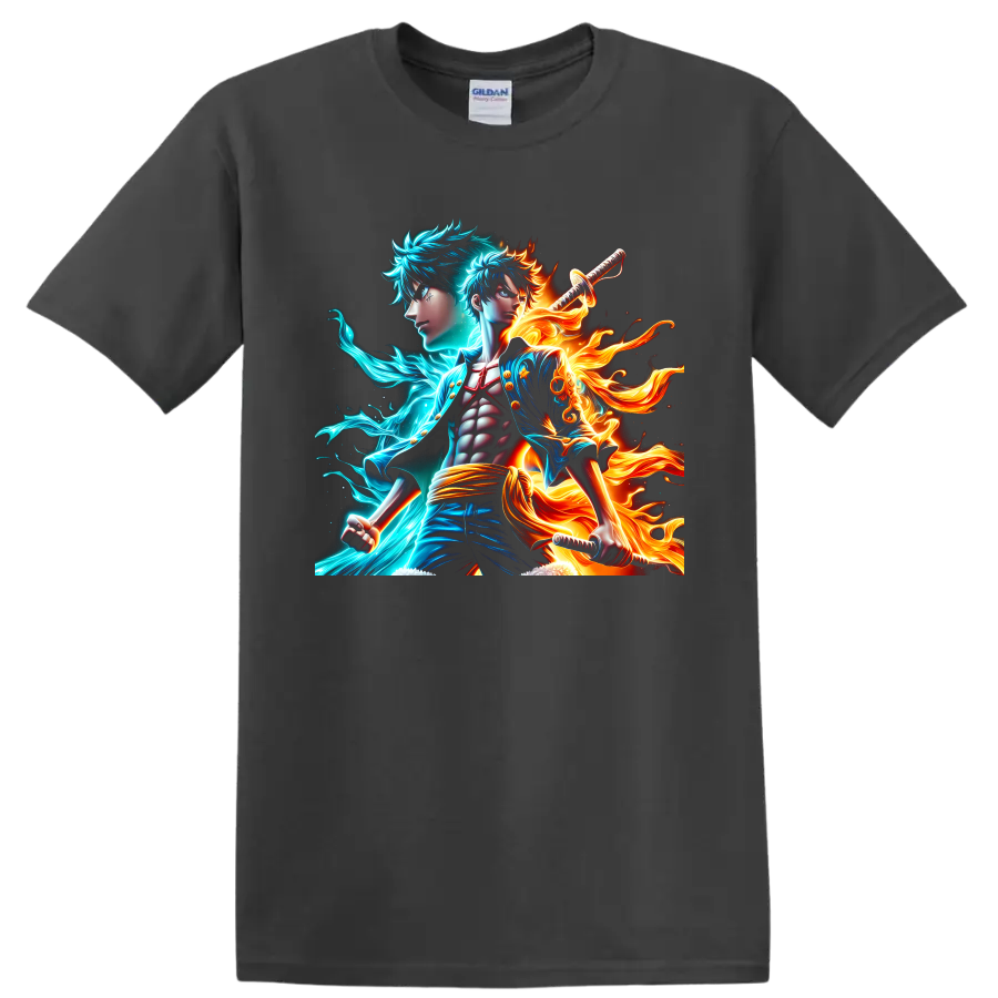 Monkey D. Luffy and Portgas D. Ace anime warrior art with cyan energy and flames on a Charcoal T Shirt