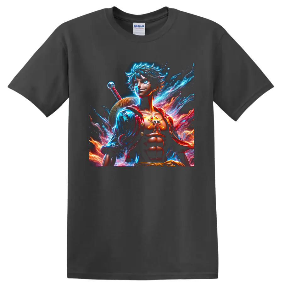 Monkey D. Luffy Gear 5 neon anime pirate warrior with straw hat and energy waves on a Charcoal T Shirt