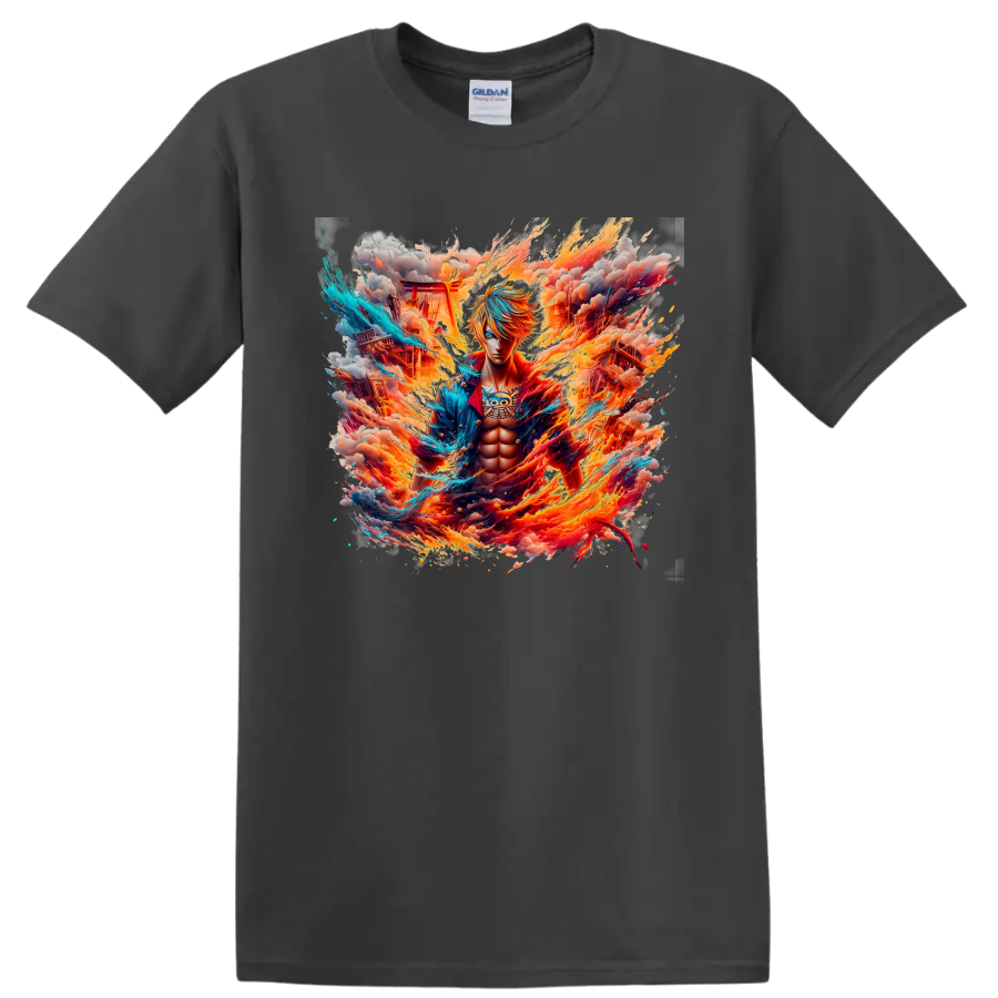 Sanji One Piece anime warrior graphic with flames, blue energy, smoke, and ruins on a Charcoal T Shirt