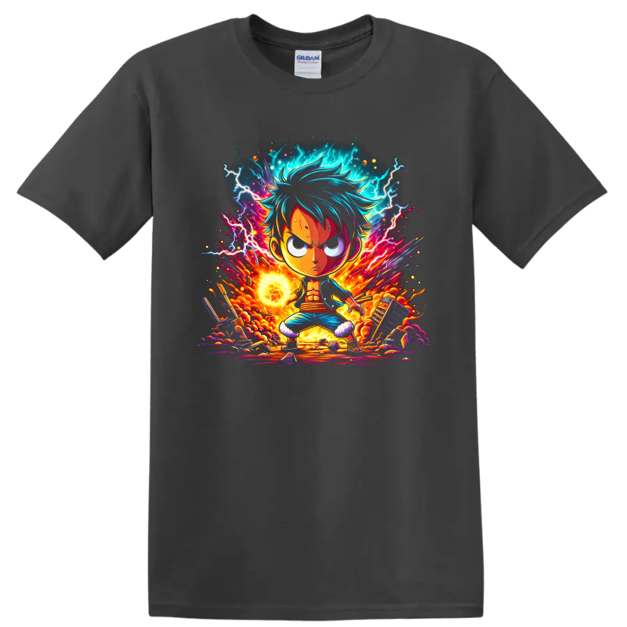 Monkey D. Luffy anime hero graphic with lightning, fire, glowing energy, and rubble on a Charcoal T Shirt