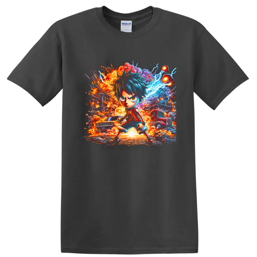 Monkey D. Luffy Gear 5-inspired anime fighter with fiery clouds and blue lightning on a Charcoal T Shirt