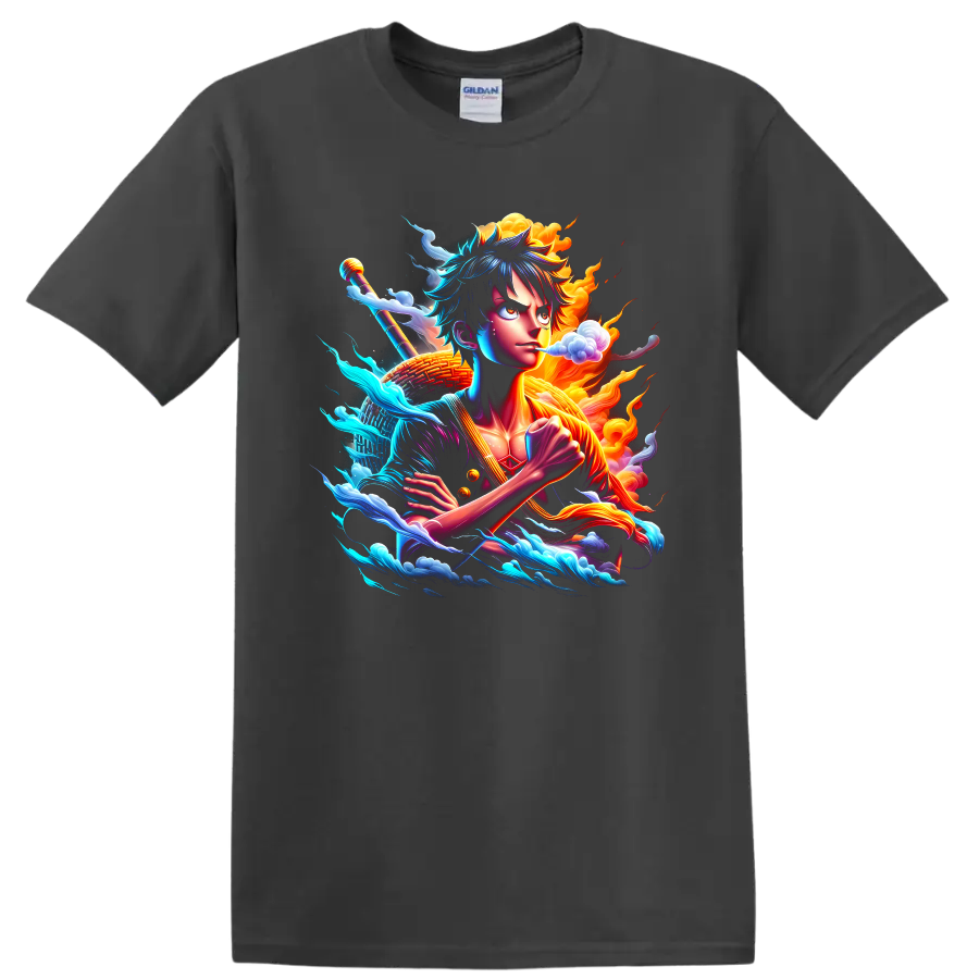 Monkey D. Luffy Gear 5-inspired anime action art with waves, clouds, and flames on a Charcoal T Shirt