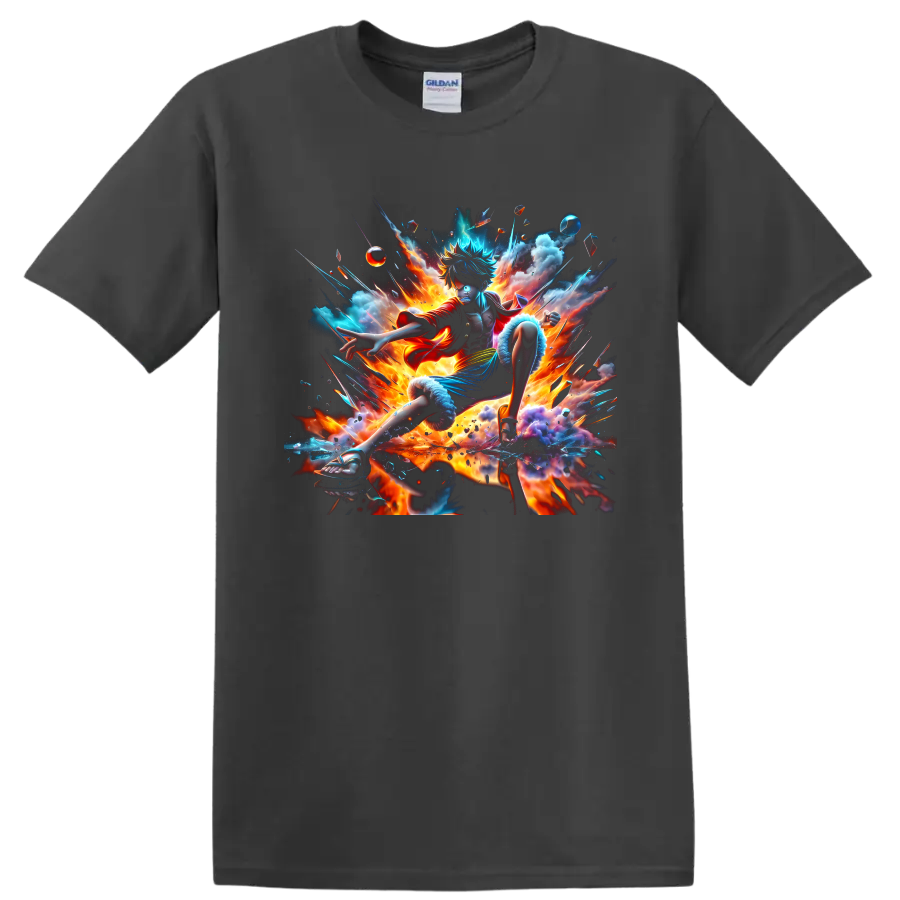 Monkey D. Luffy Gear 5 fiery anime action graphic with clouds and energy bursts on a Charcoal T Shirt
