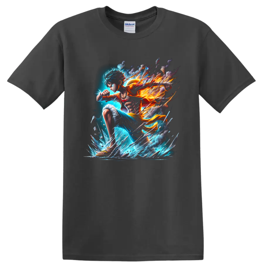 Monkey D. Luffy Gear 5-inspired anime warrior with fire, blue energy, and ice shards on a Charcoal T Shirt
